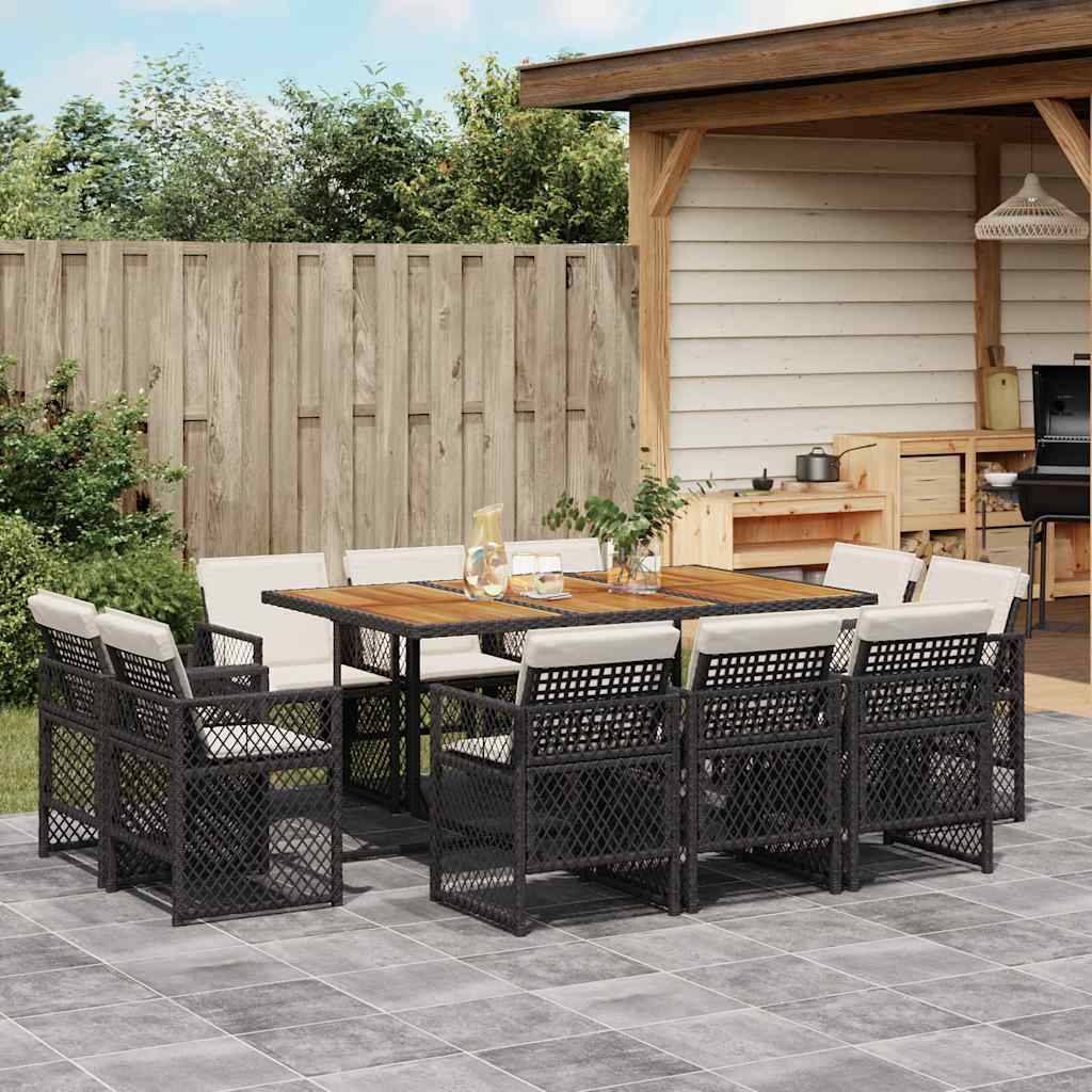 vidaXL 11-tlg. Garten-Essgruppe mit Kissen Schwarz Poly Rattan