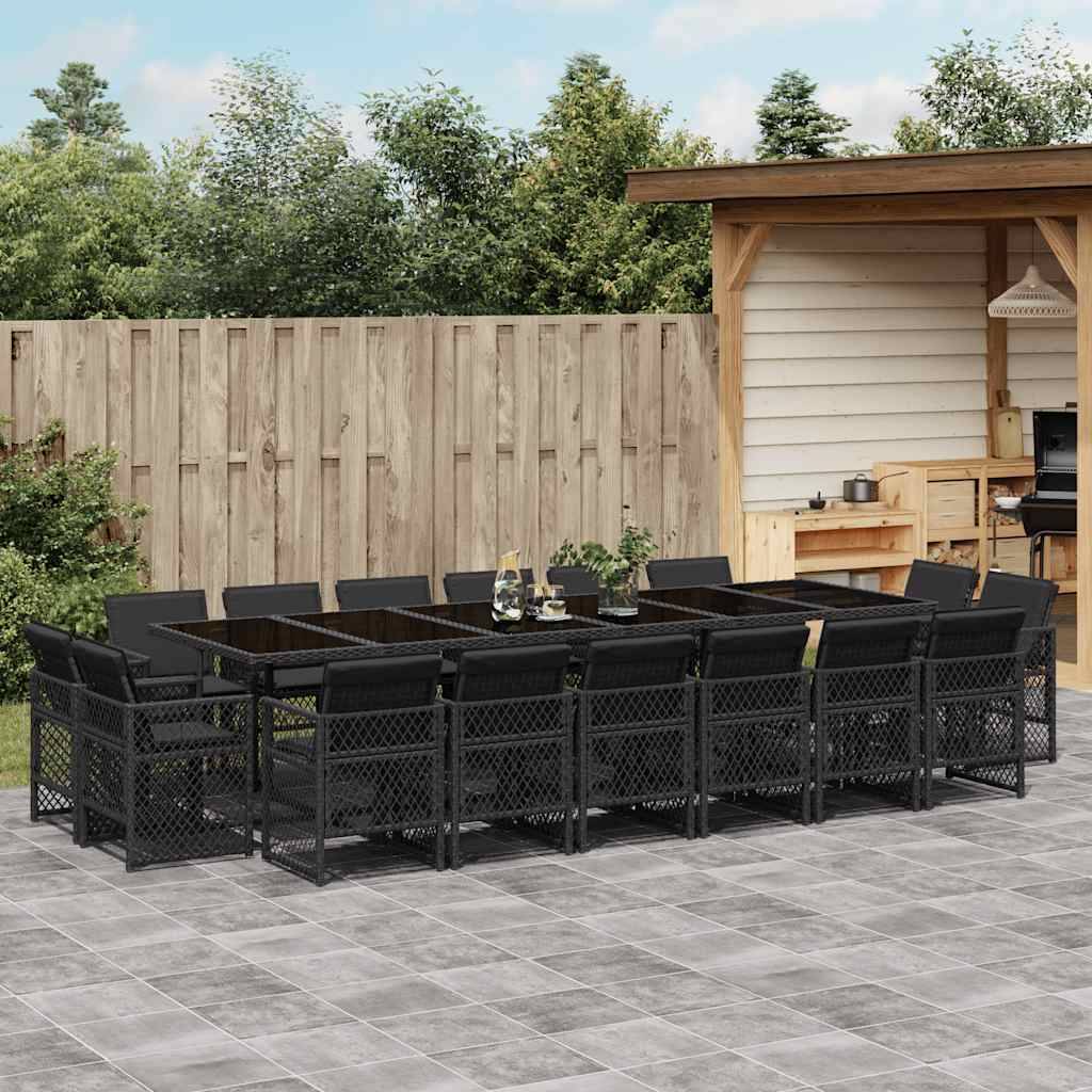 vidaXL 17-tlg. Garten-Essgruppe mit Kissen Schwarz Poly Rattan
