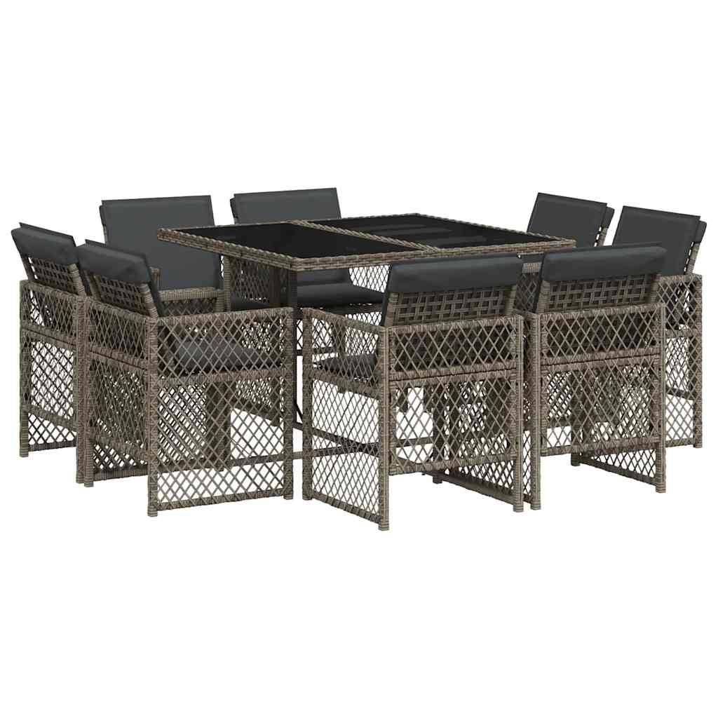 vidaXL 9-tlg. Garten-Essgruppe mit Kissen Grau Poly Rattan