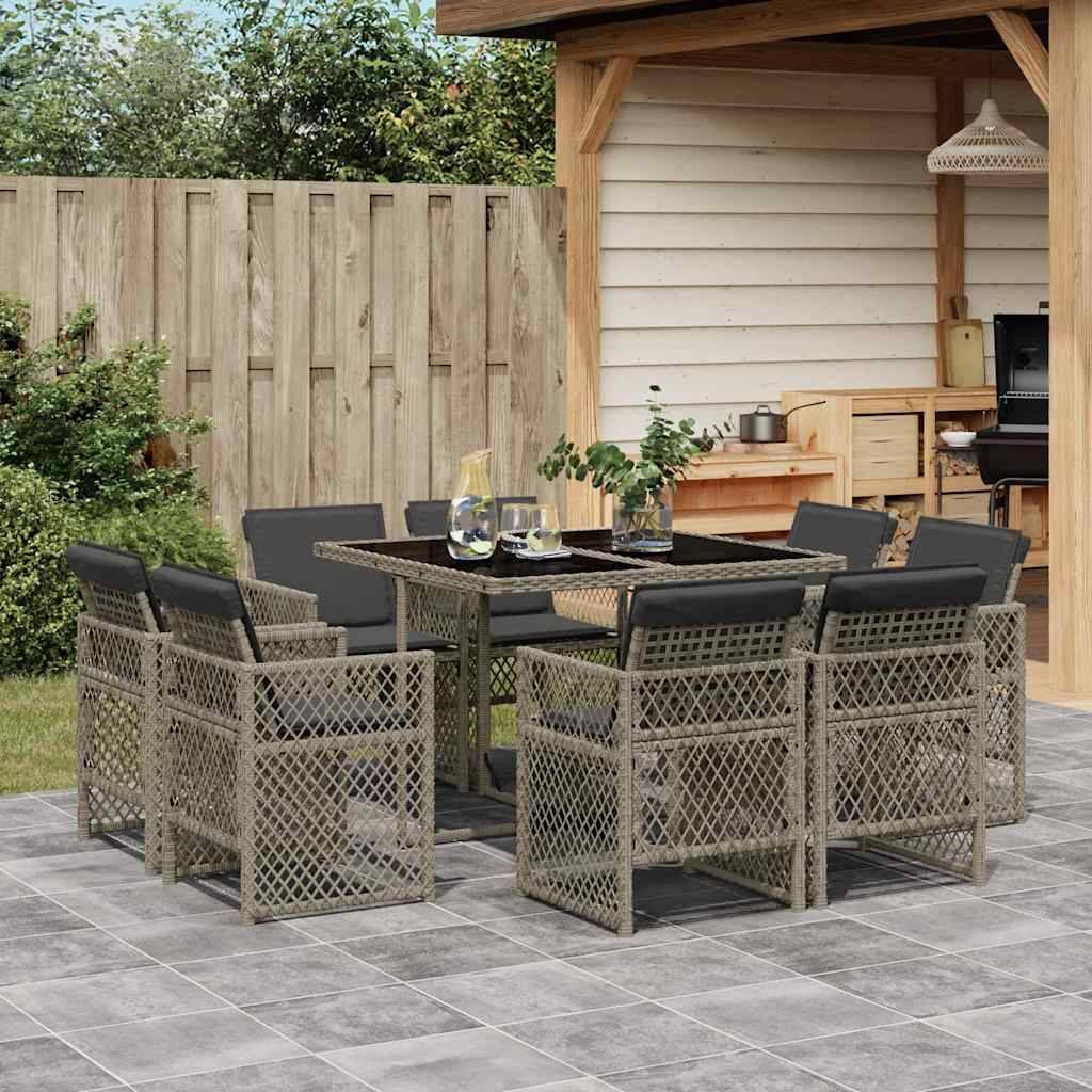 vidaXL 9-tlg. Garten-Essgruppe mit Kissen Grau Poly Rattan
