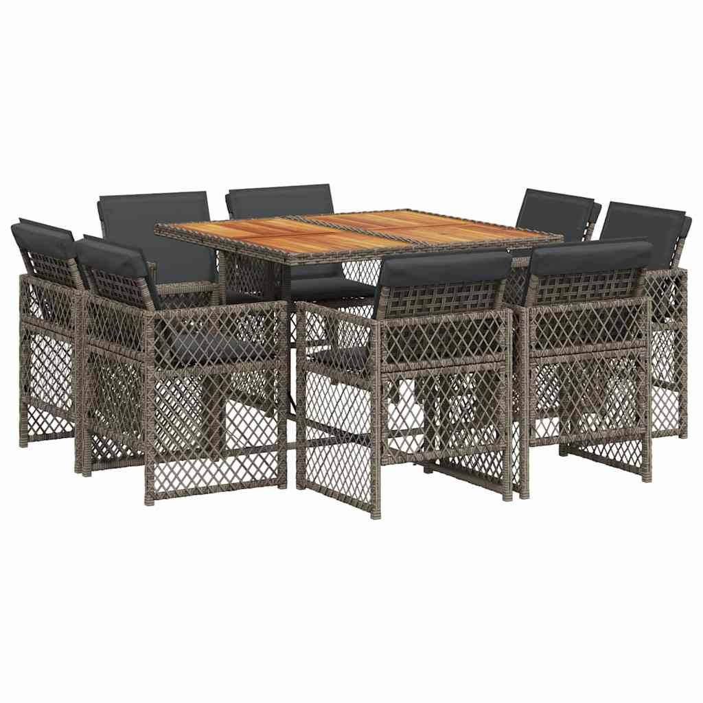 vidaXL 9-tlg. Garten-Essgruppe mit Kissen Grau Poly Rattan