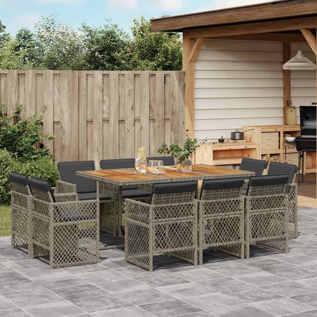 vidaXL 11-tlg. Garten-Essgruppe mit Kissen Grau Poly Rattan
