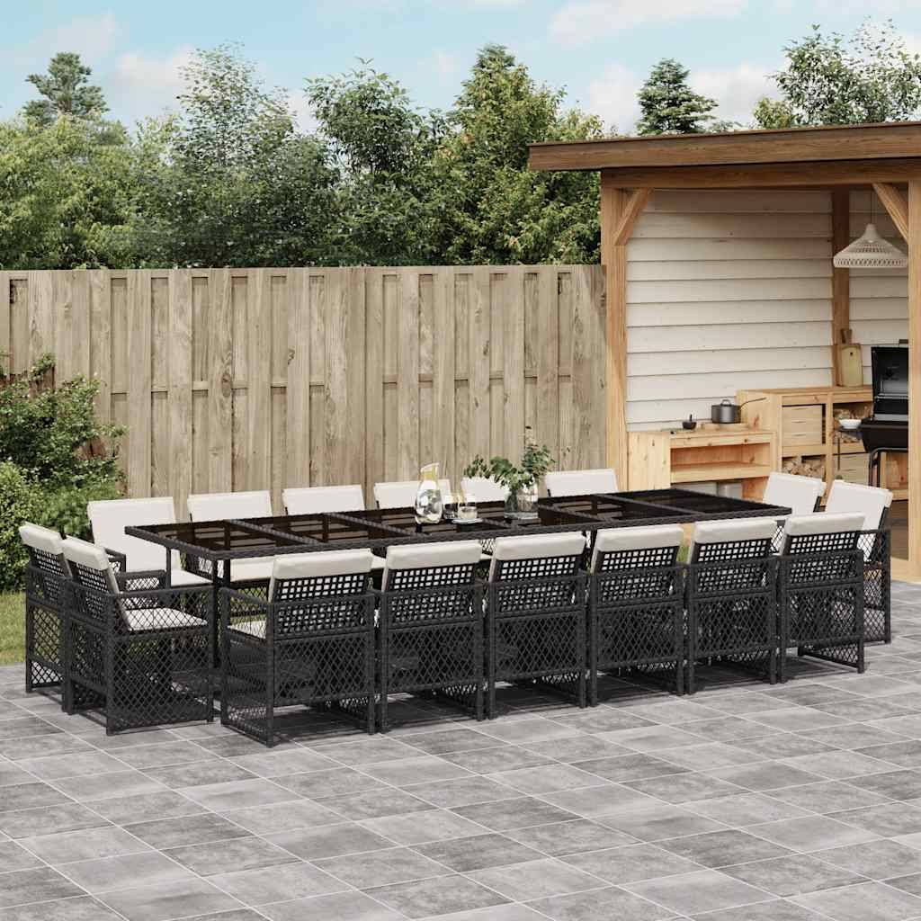 vidaXL 17-tlg. Garten-Essgruppe mit Kissen Schwarz Poly Rattan