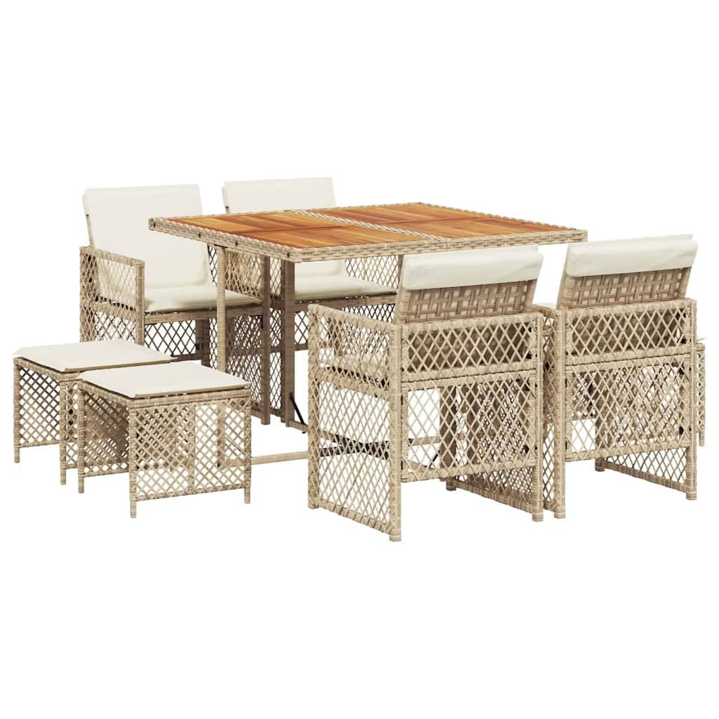 vidaXL 9-tlg. Garten-Essgruppe mit Kissen Beige Poly Rattan
