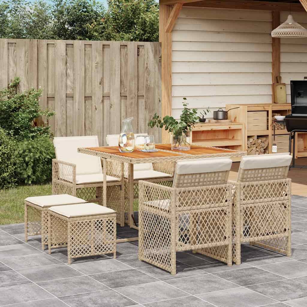 vidaXL 9-tlg. Garten-Essgruppe mit Kissen Beige Poly Rattan