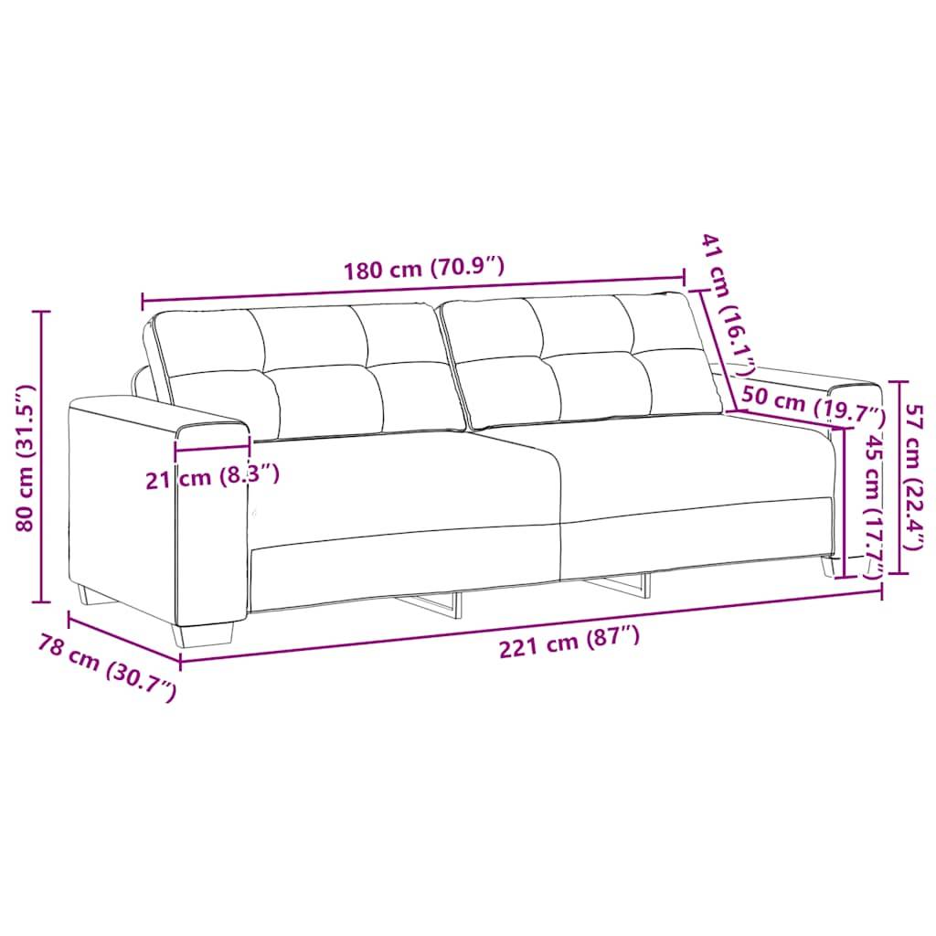Ein Diagramm eines Sofas mit den Maßen: 221 cm breit, 78 cm tief, 80 cm hoch. Die Sitzhöhe beträgt 41 cm. Enthält die Sitztiefe und die Höhe der Armlehnen.