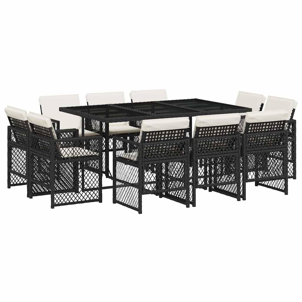 vidaXL 11-tlg. Garten-Essgruppe mit Kissen Schwarz Poly Rattan