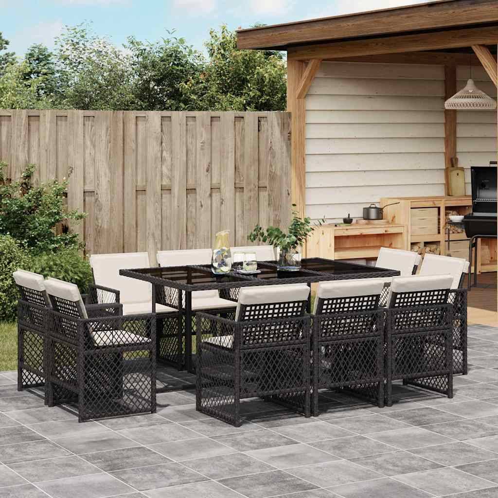 vidaXL 11-tlg. Garten-Essgruppe mit Kissen Schwarz Poly Rattan