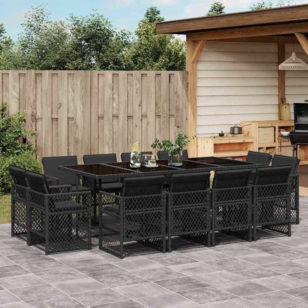 vidaXL 13-tlg. Garten-Essgruppe mit Kissen Schwarz Poly Rattan