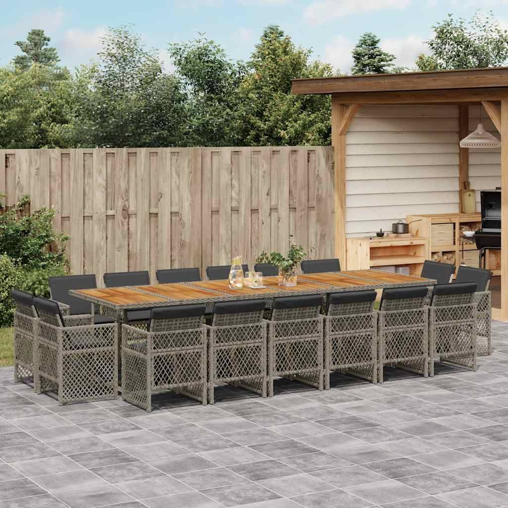 vidaXL 17-tlg. Garten-Essgruppe mit Kissen Grau Poly Rattan