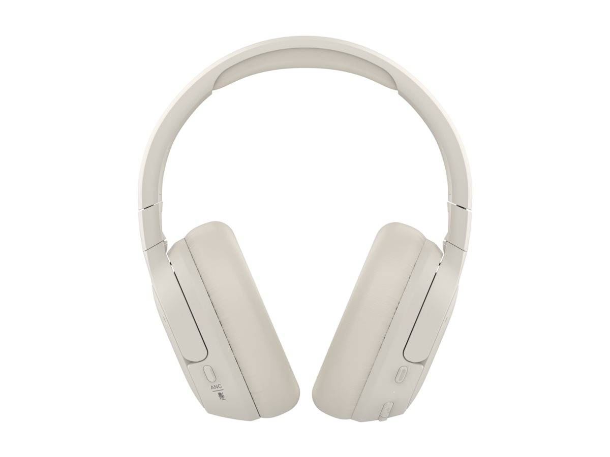 Weiße kabellose Over-Ear-Kopfhörer in Vorderansicht auf neutralem Hintergrund.