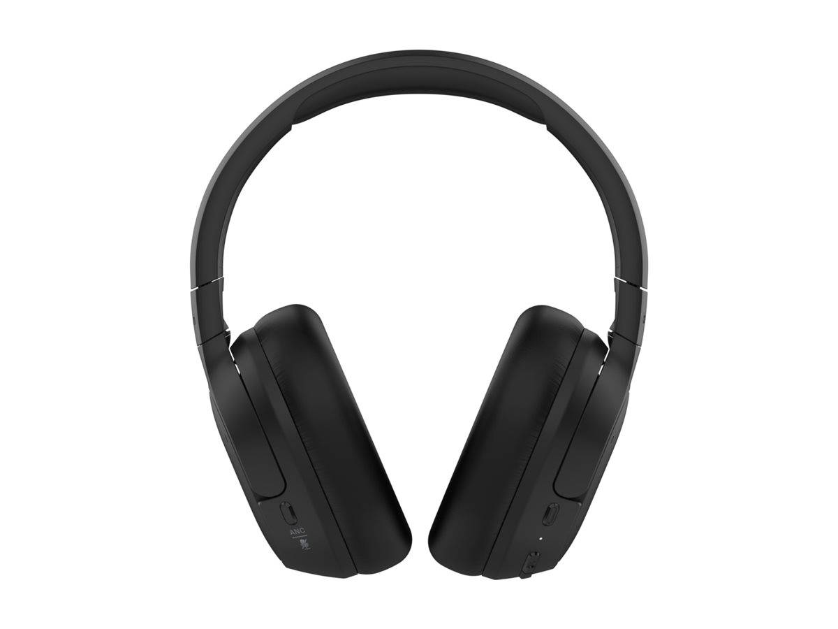 Schwarze Over-Ear-Kopfhörer mit gepolstertem Kopfbügel und gepolsterten Ohrmuscheln, entwickelt für drahtloses Musikhören.