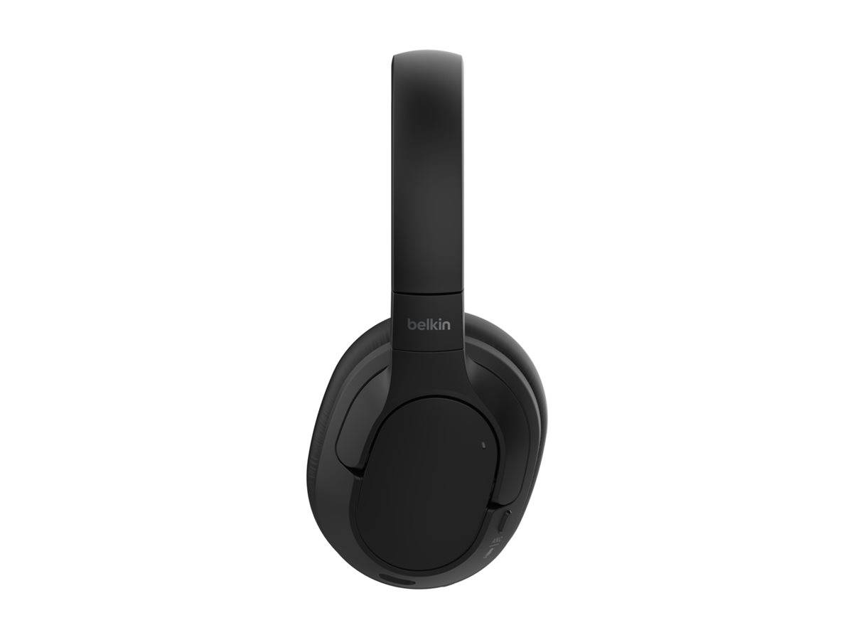 Schwarze Over-Ear-Kopfhörer mit 'Belkin' Branding an der Seite, die ein schlankes, modernes Design präsentieren, das sich auf Komfort und Stil konzentriert.