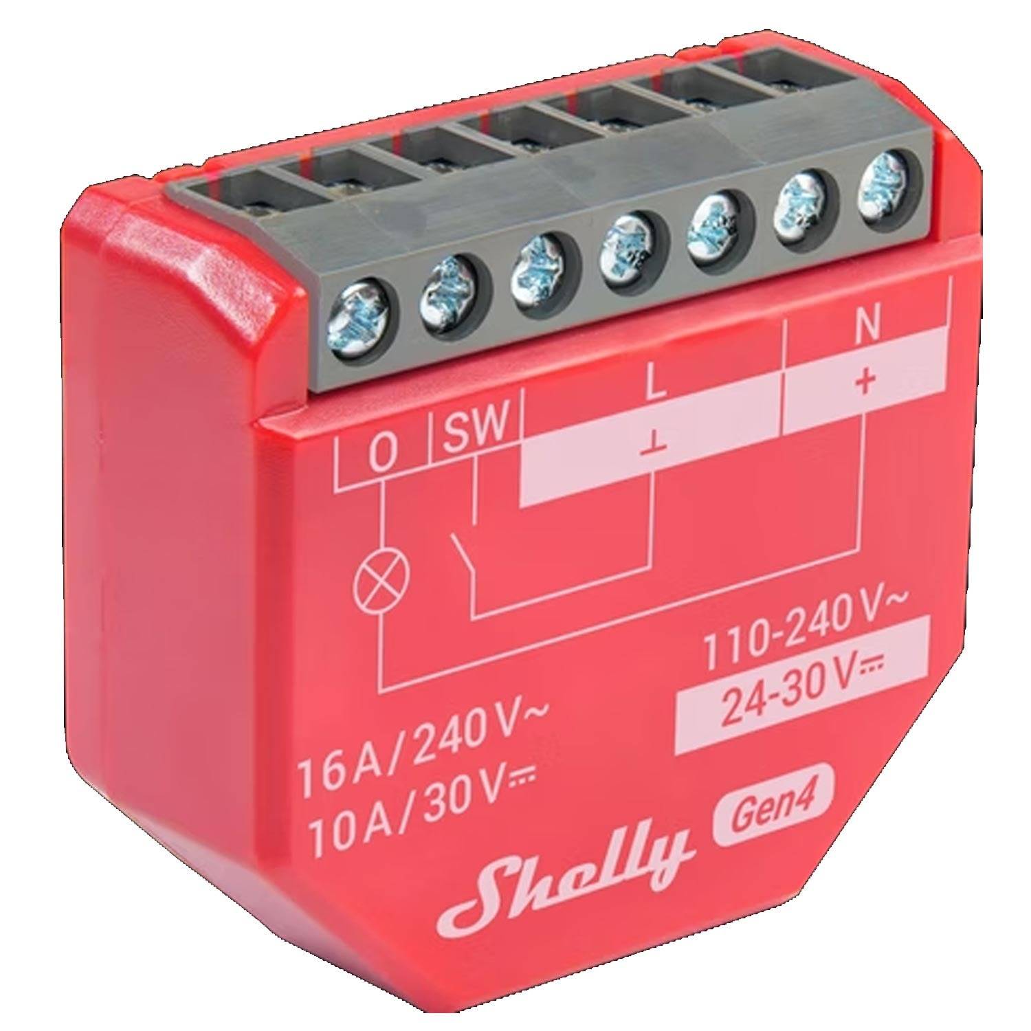 Ein roter Shelly Gen4 Schalter, der Verdrahtungsverbindungen und Spannungsspezifikationen anzeigt: '110-240V~', '24-30V~', '16A/240V~', '10A/30V~'.