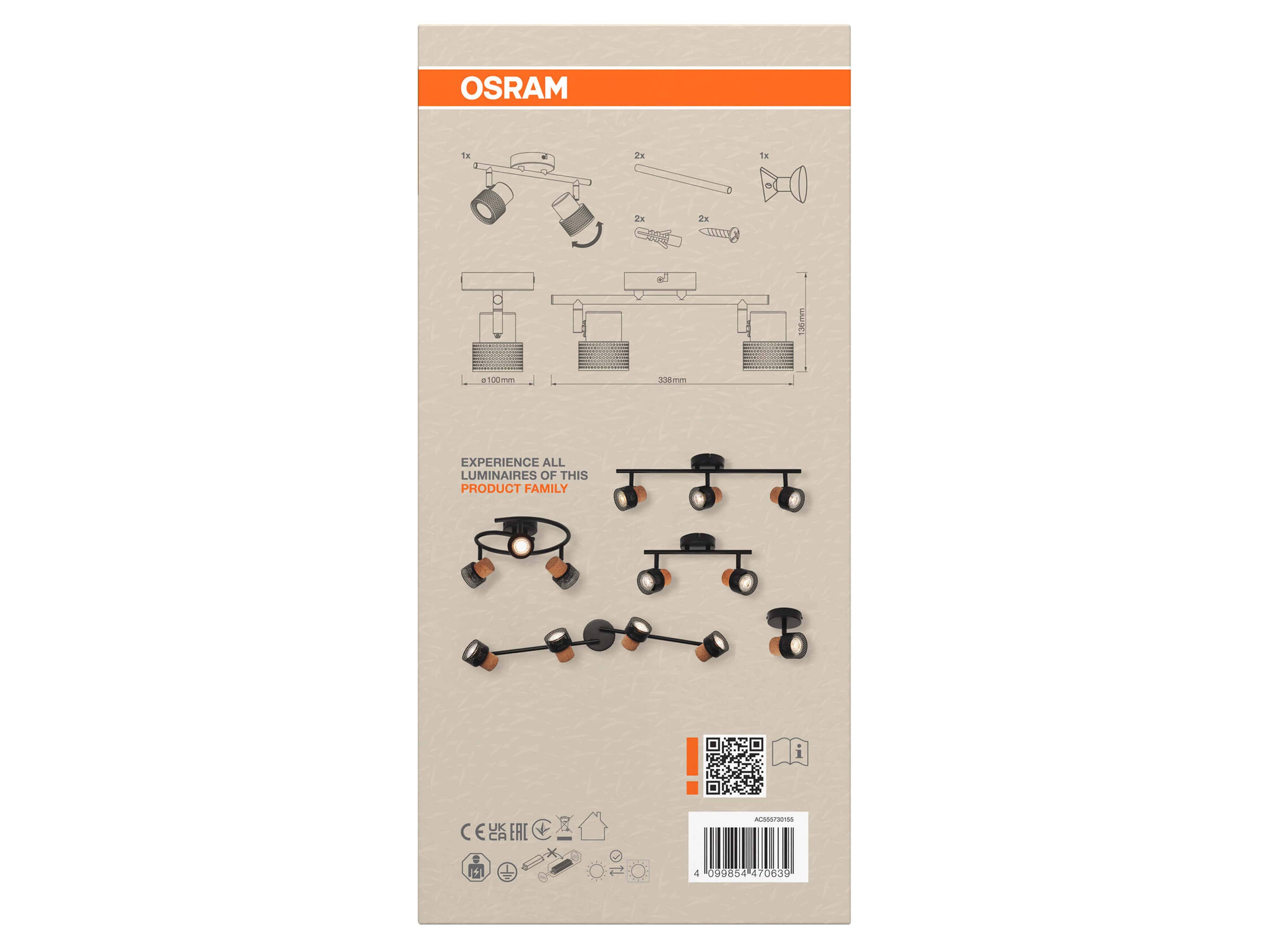 OSRAM LED-Deckenleuchte, GU10, 6,8 W, 460 lm, 2700 K, 2-Spot-Leuchte, dimmbar