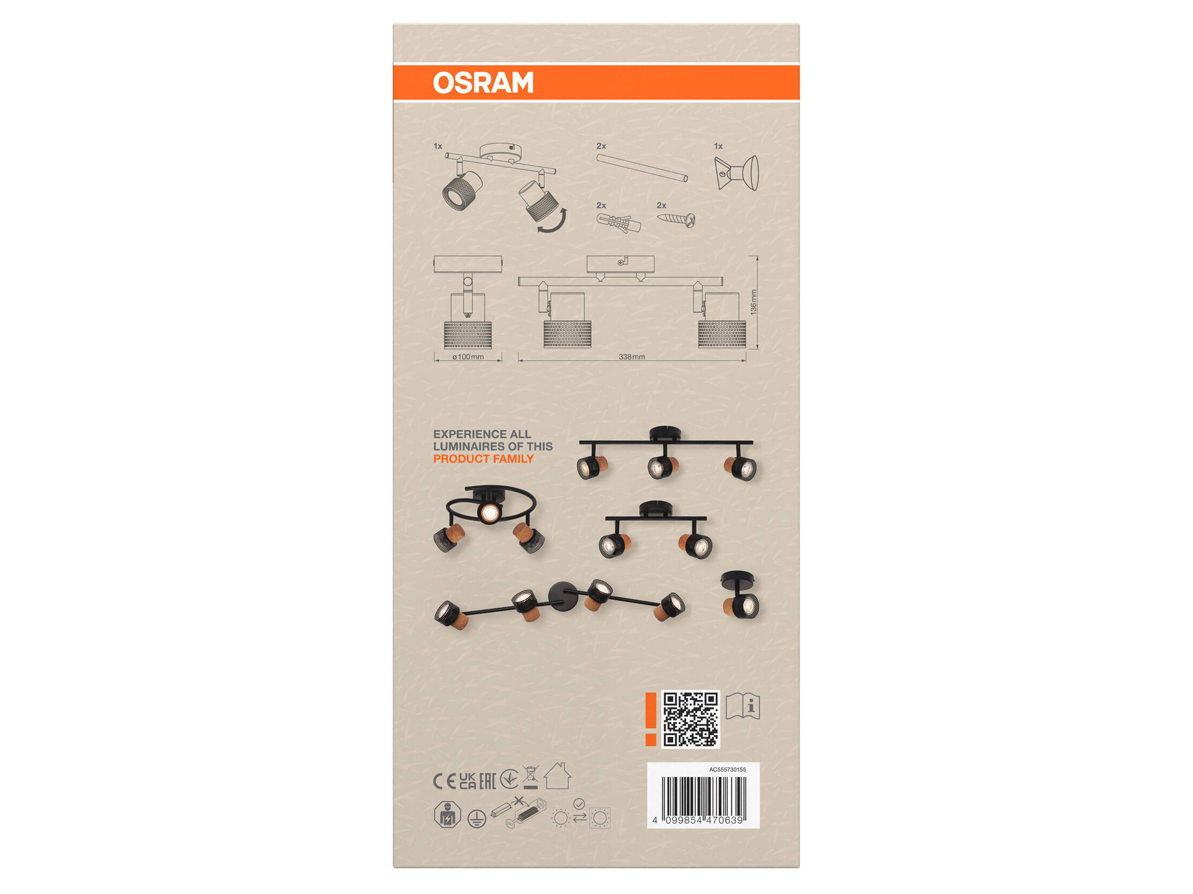 OSRAM LED-Deckenleuchte, GU10, 6,8 W, 460 lm, 2700 K, 2-Spot-Leuchte, dimmbar