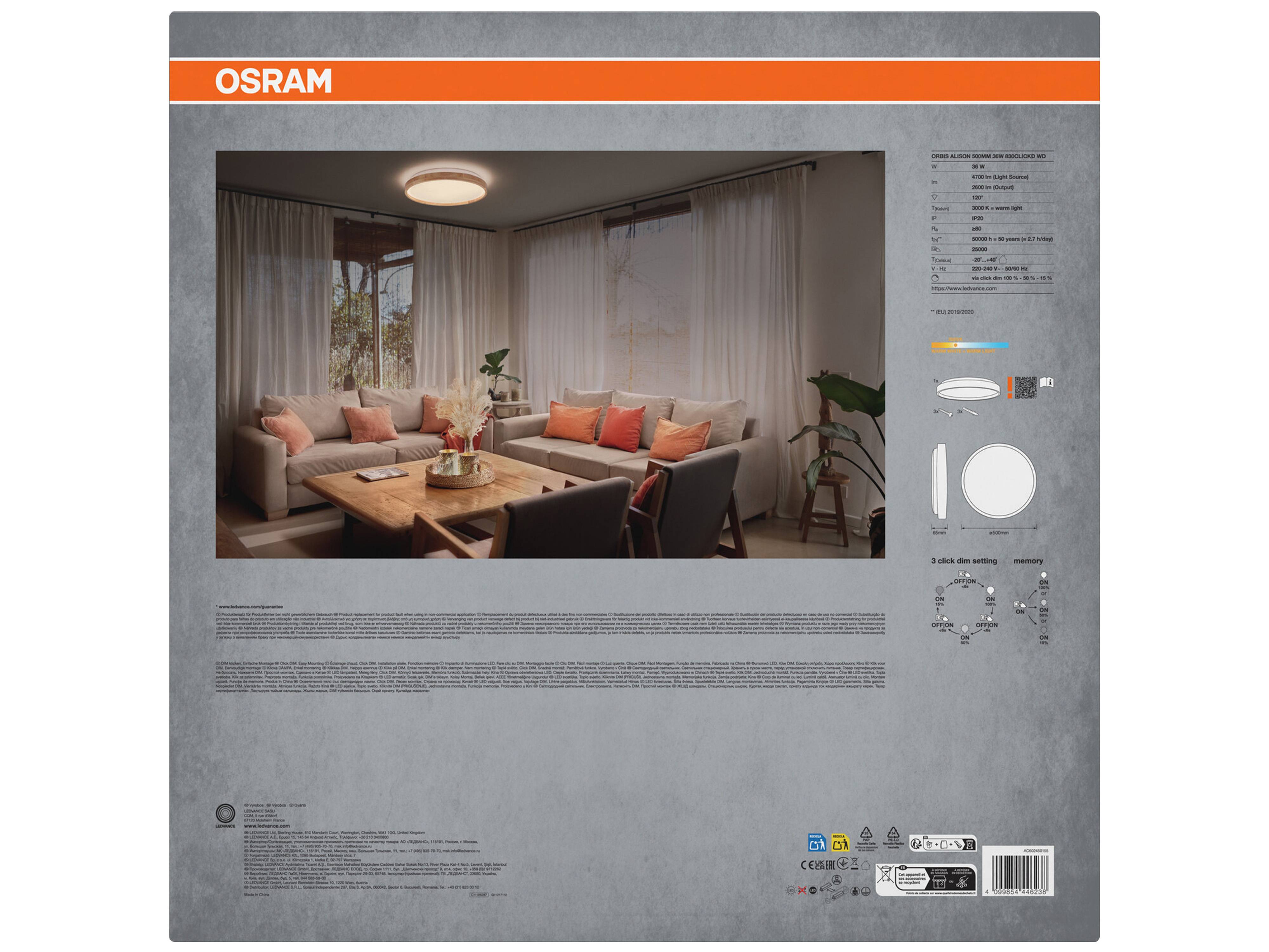 OSRAM LED-Deckenleuchte mit Holzring, 36 W, 3.000 K, Dimmbar, EEK: D, IP20, warmweiß