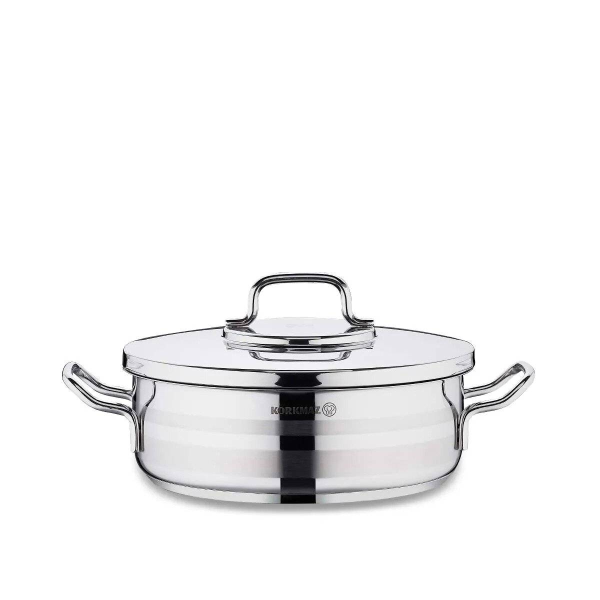 Korkmaz Astra2 Low Casserole 24 x 8 cm - 3,5 L, Edelstahl-Kochtopf mit Deckel