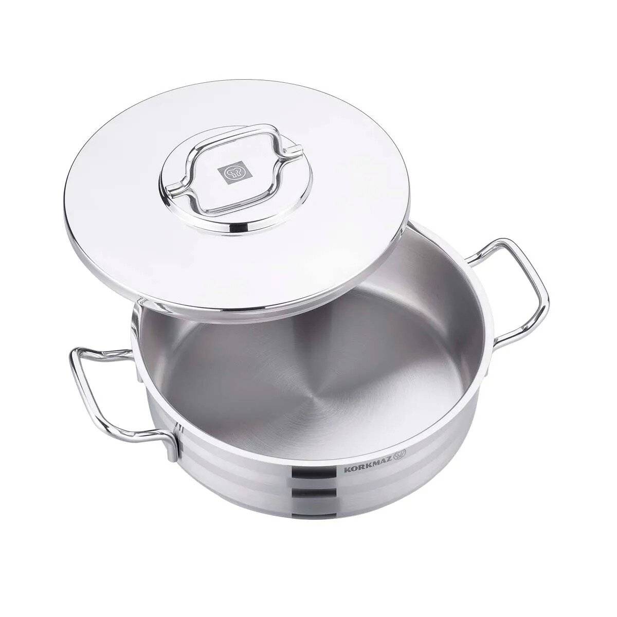Korkmaz Astra2 Low Casserole 24 x 8 cm - 3,5 L, Edelstahl-Kochtopf mit Deckel