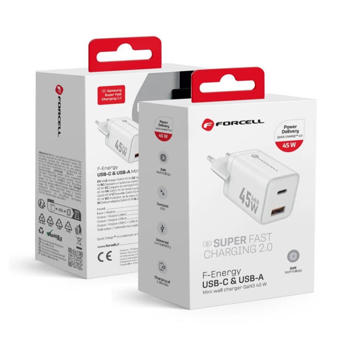 FORCELL F-ENERGY Mini GaN III VT-36 Reise-Ladegerät 45?W, USB-C & USB-A, Weiß