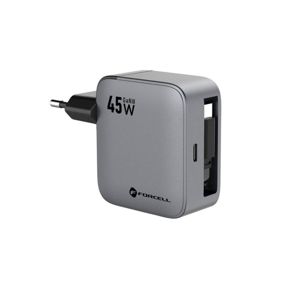 FORCELL F-ENERGY GaN III VT-R5 Reise-Ladegerät 45?W mit USB-C-Port & integriertem Kabel, Grau