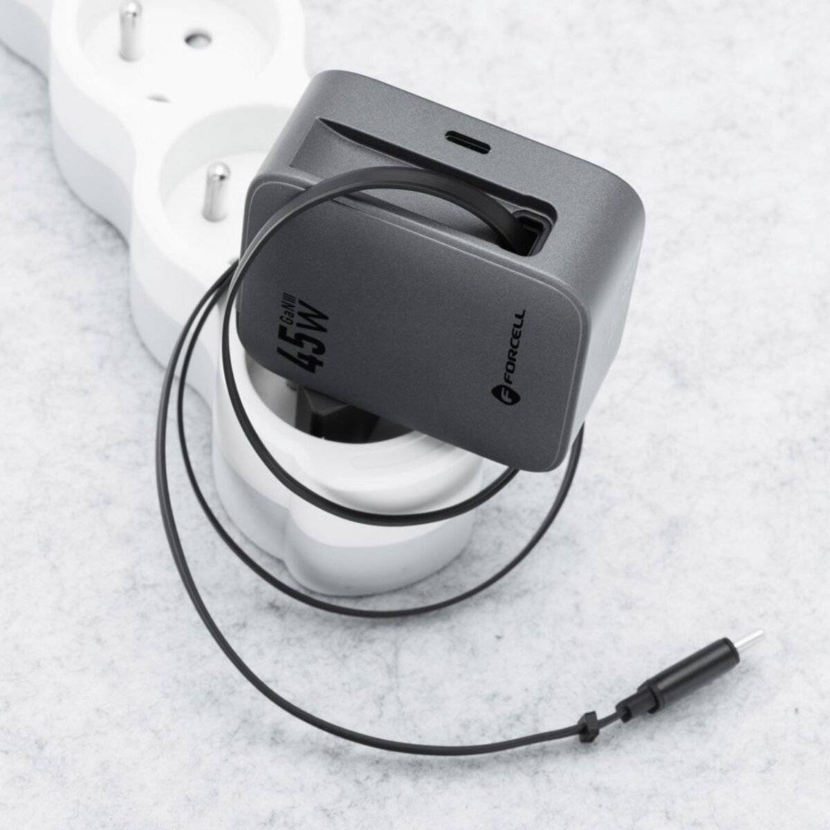 FORCELL F-ENERGY GaN III VT-R5 Reise-Ladegerät 45?W mit USB-C-Port & integriertem Kabel, Grau
