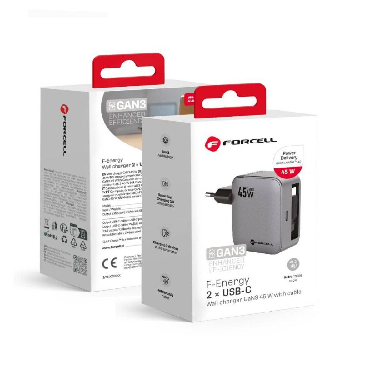 FORCELL F-ENERGY GaN III VT-R5 Reise-Ladegerät 45?W mit USB-C-Port & integriertem Kabel, Grau