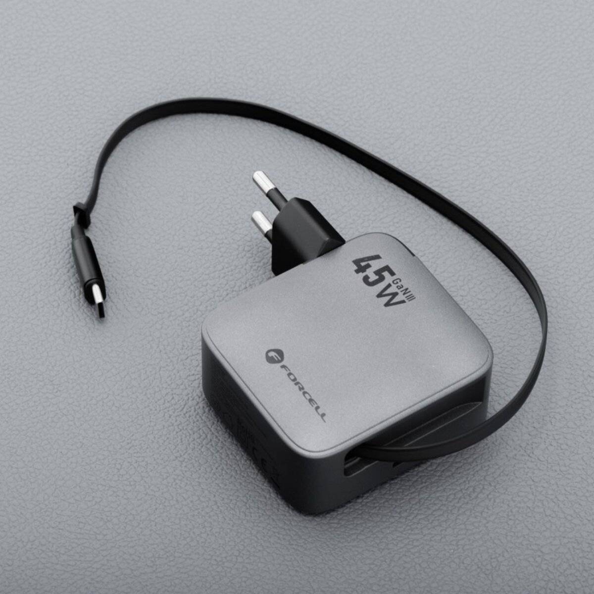 FORCELL F-ENERGY GaN III VT-R5 Reise-Ladegerät 45?W mit USB-C-Port & integriertem Kabel, Grau