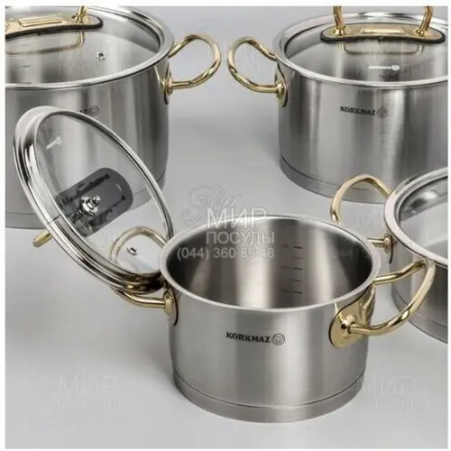 Korkmaz Proline Topfset mit Glasdeckel - 8-teilig - Edelstahl 18/10 Korkmaz Proline Topfset mit Glasdeckel - 8-teilig - Edelstahl 18/10