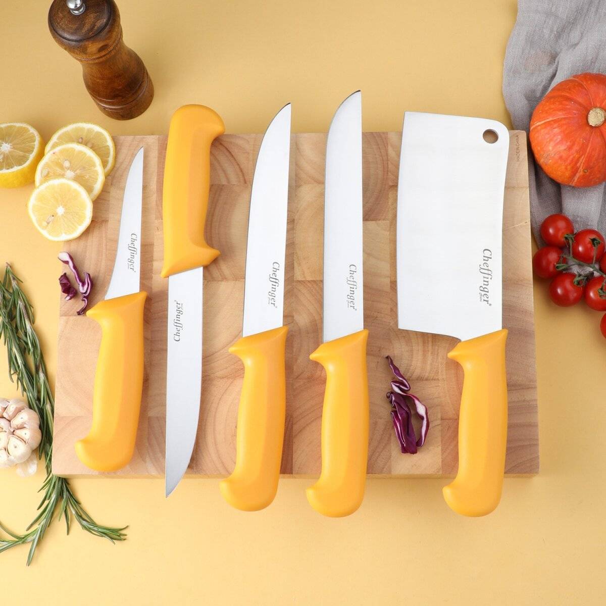 5-teiliges BBQ Messer-Set aus hochwertigem Edelstahl - Ergonomisch & langlebig Gelb
