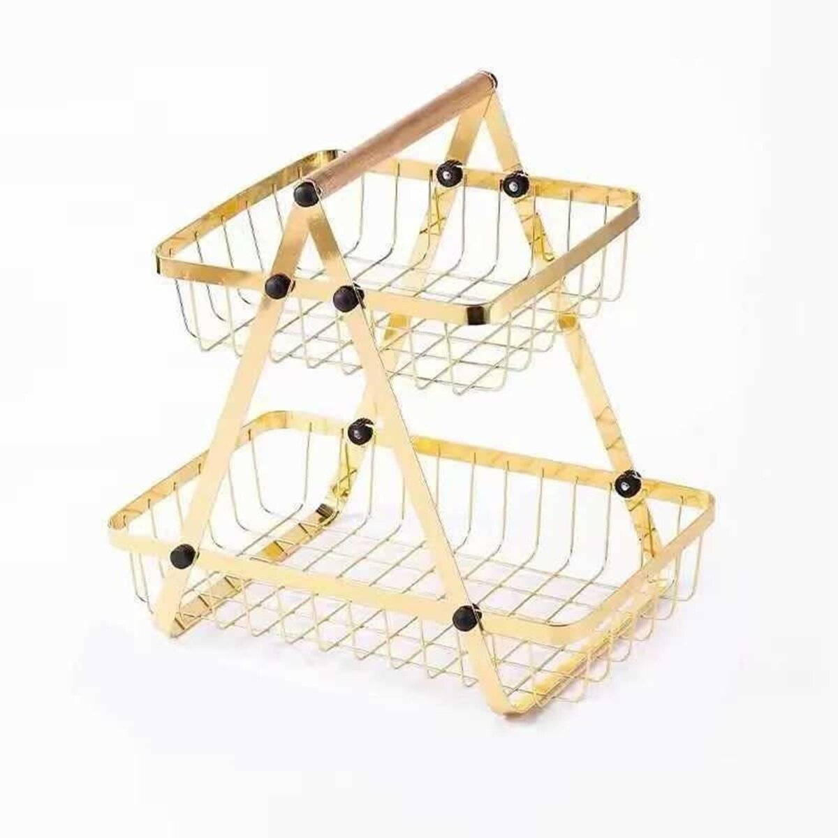 2-stöckige Etagere mit Griff, Obstkorb in Gold - Tragbar & Platzsparend