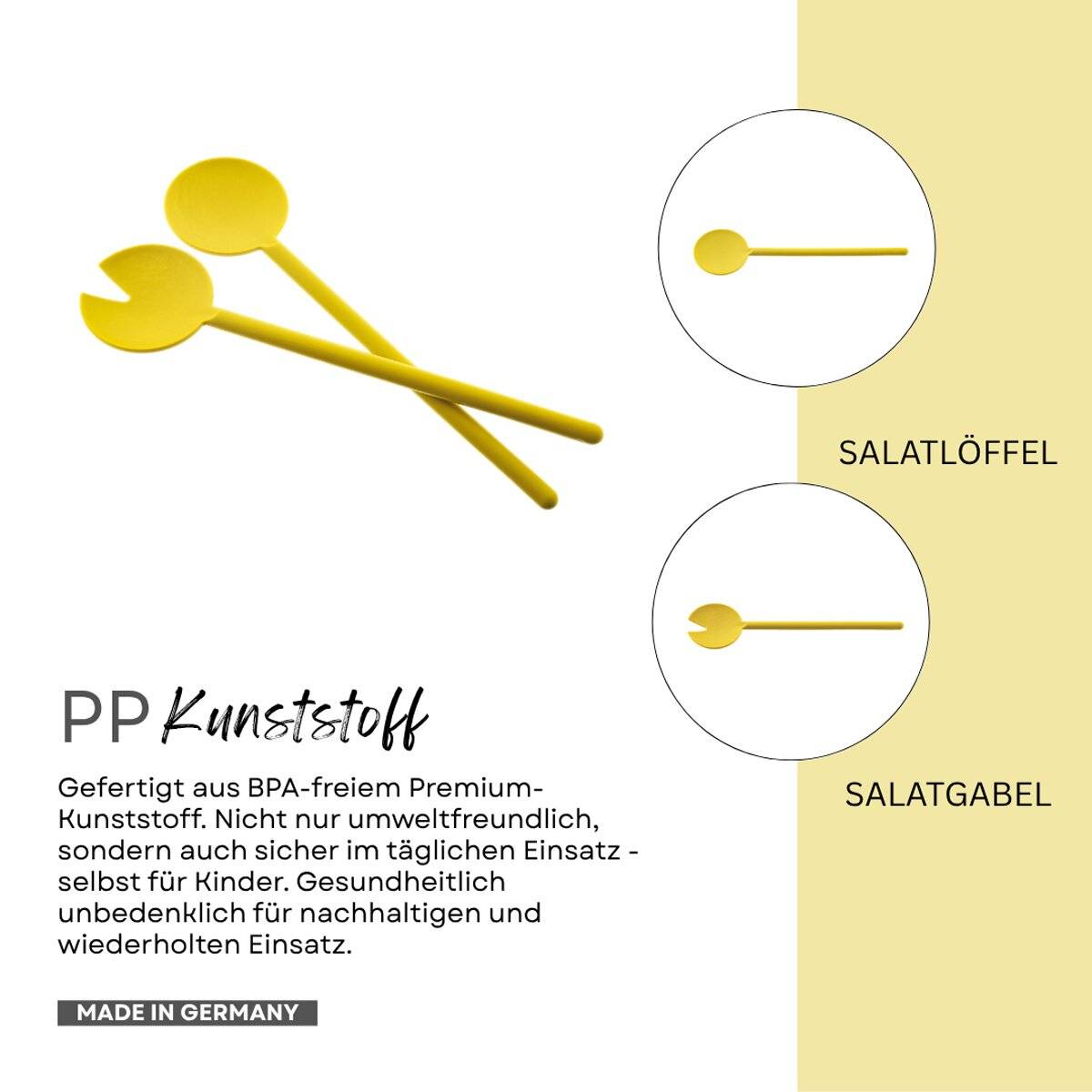 Cofi Salatbesteck 2-teilig – Salatlöffel & Salatgabel im Set – spülmaschinengeeignet Made in Germany, 29?cm lang Gelb