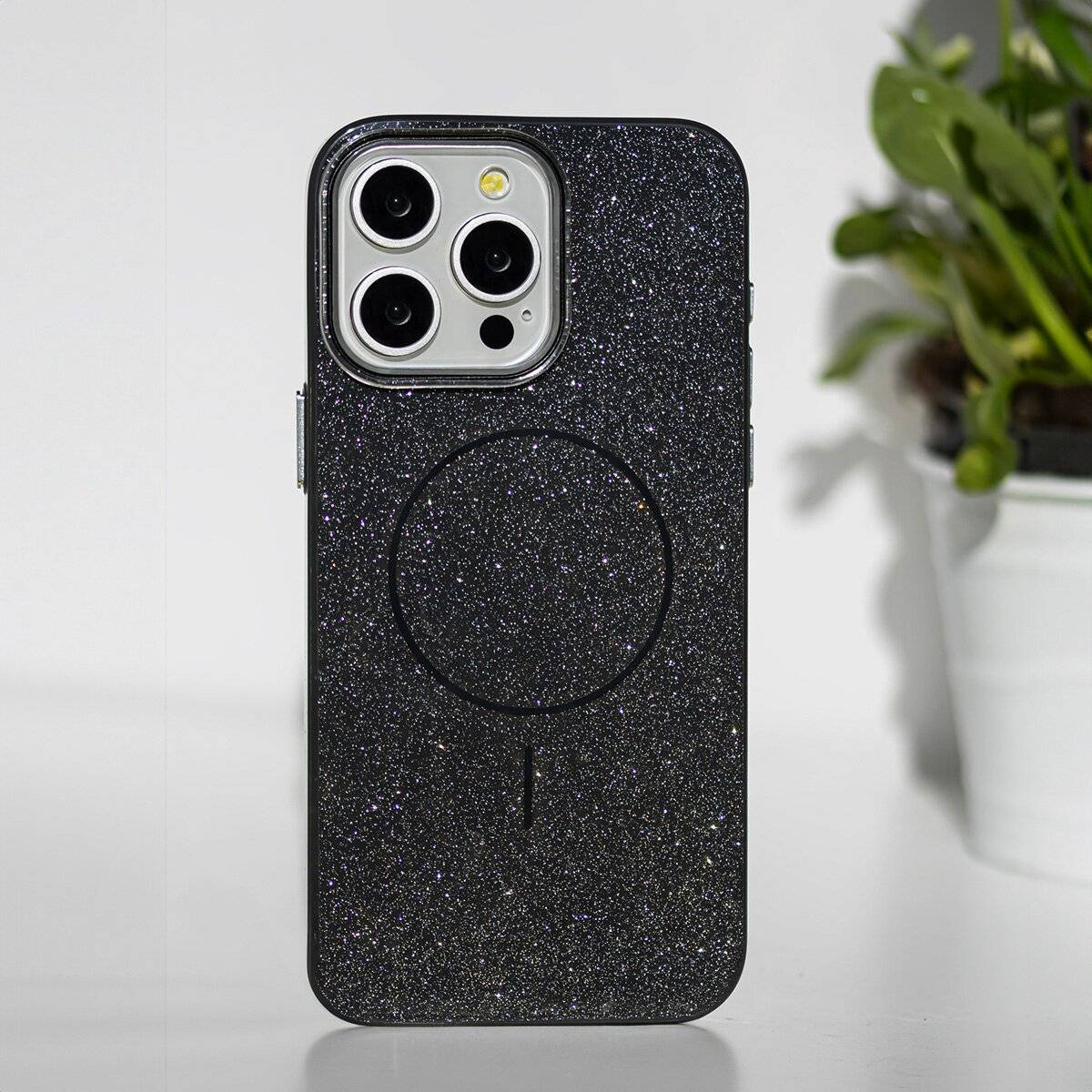 Glitter Dünne Handyhülle mit Magnetring für kabelloses Ladezubehör Bumper kompatibel mit iPhone 17 Pro Max Schwarz