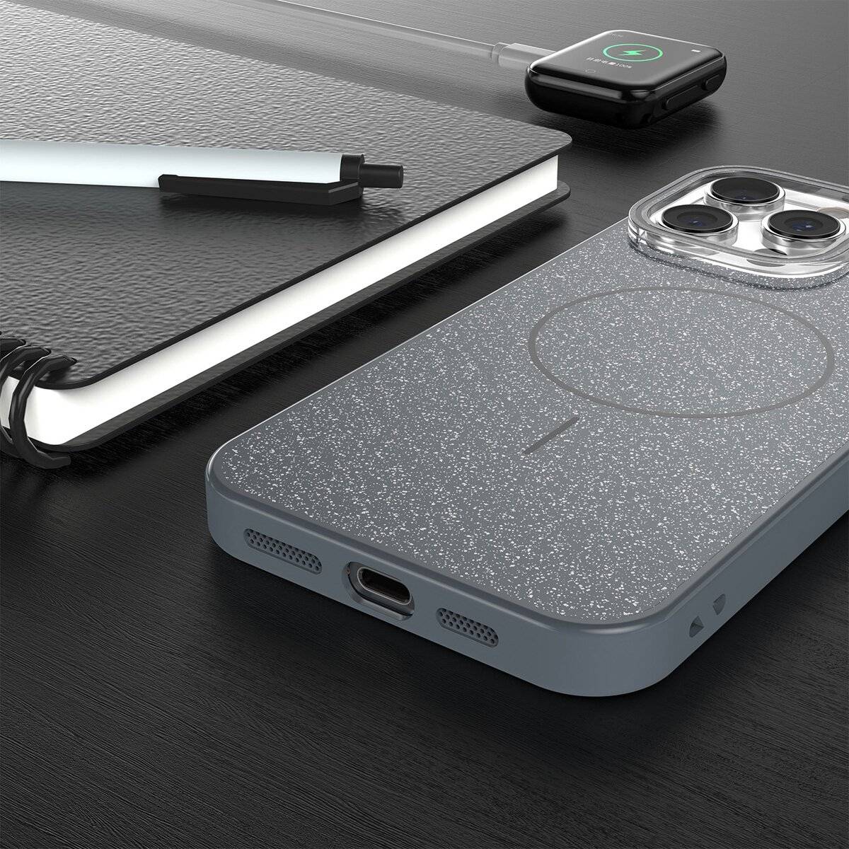 Glitter Dünne Handyhülle mit Magnetring für kabelloses Ladezubehör Bumper kompatibel mit iPhone 17 Pro Max Schwarz