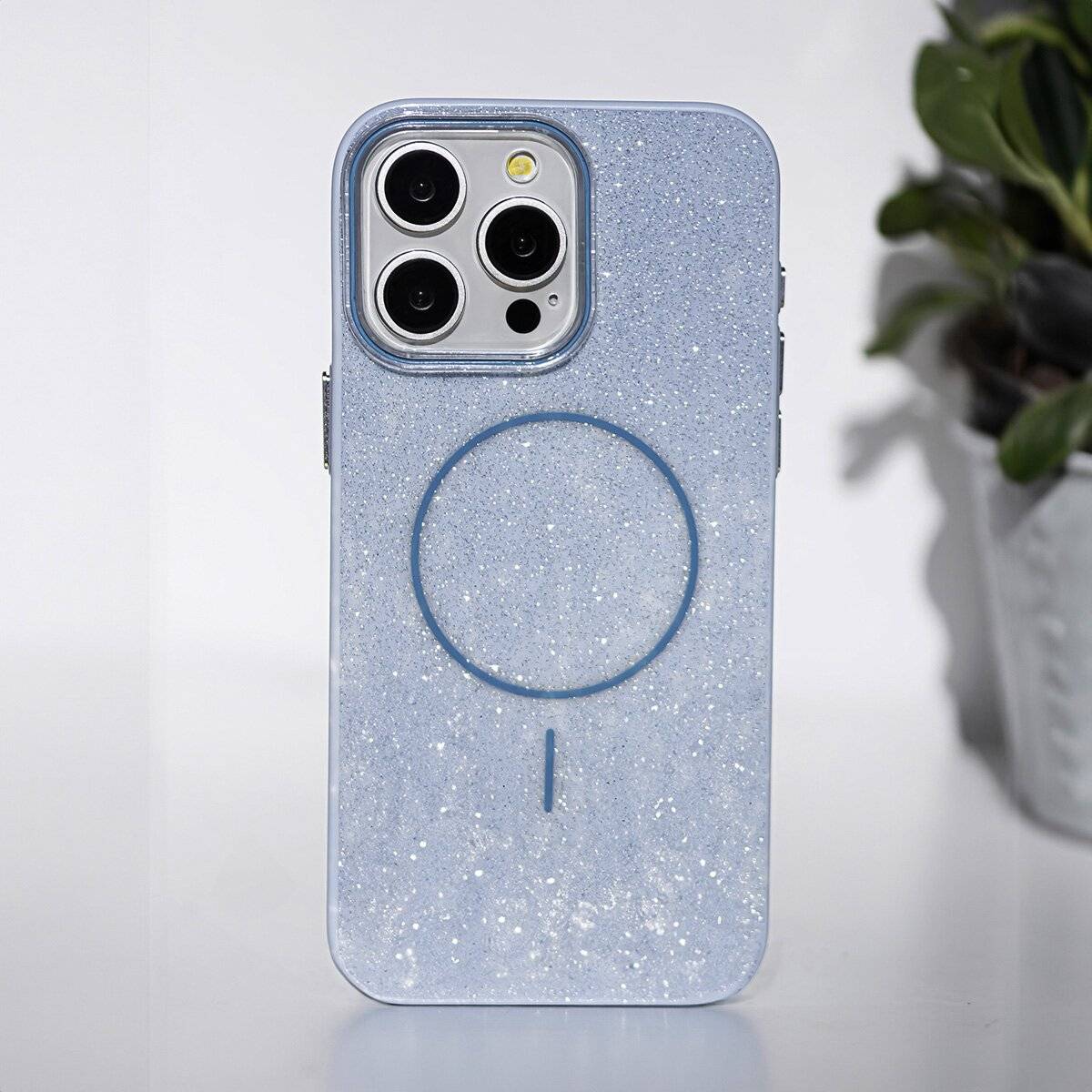Glitter Dünne Handyhülle mit Magnetring für kabelloses Ladezubehör Bumper kompatibel mit iPhone 17 Blau