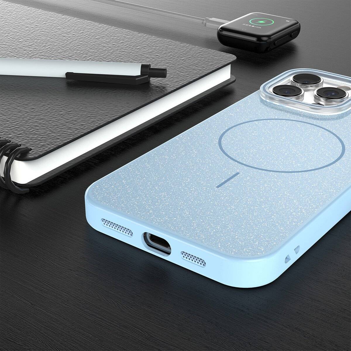Glitter Dünne Handyhülle mit Magnetring für kabelloses Ladezubehör Bumper kompatibel mit iPhone 17 Blau