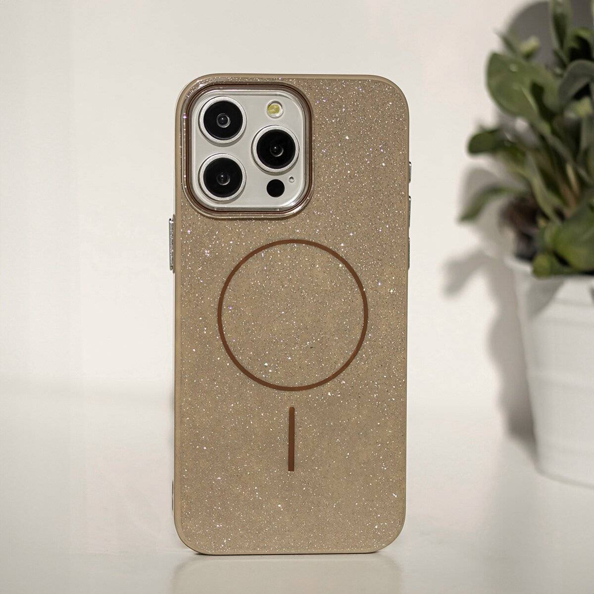 Glitter Dünne Handyhülle mit Magnetring für kabelloses Ladezubehör Bumper kompatibel mit iPhone 17 Pro Braun