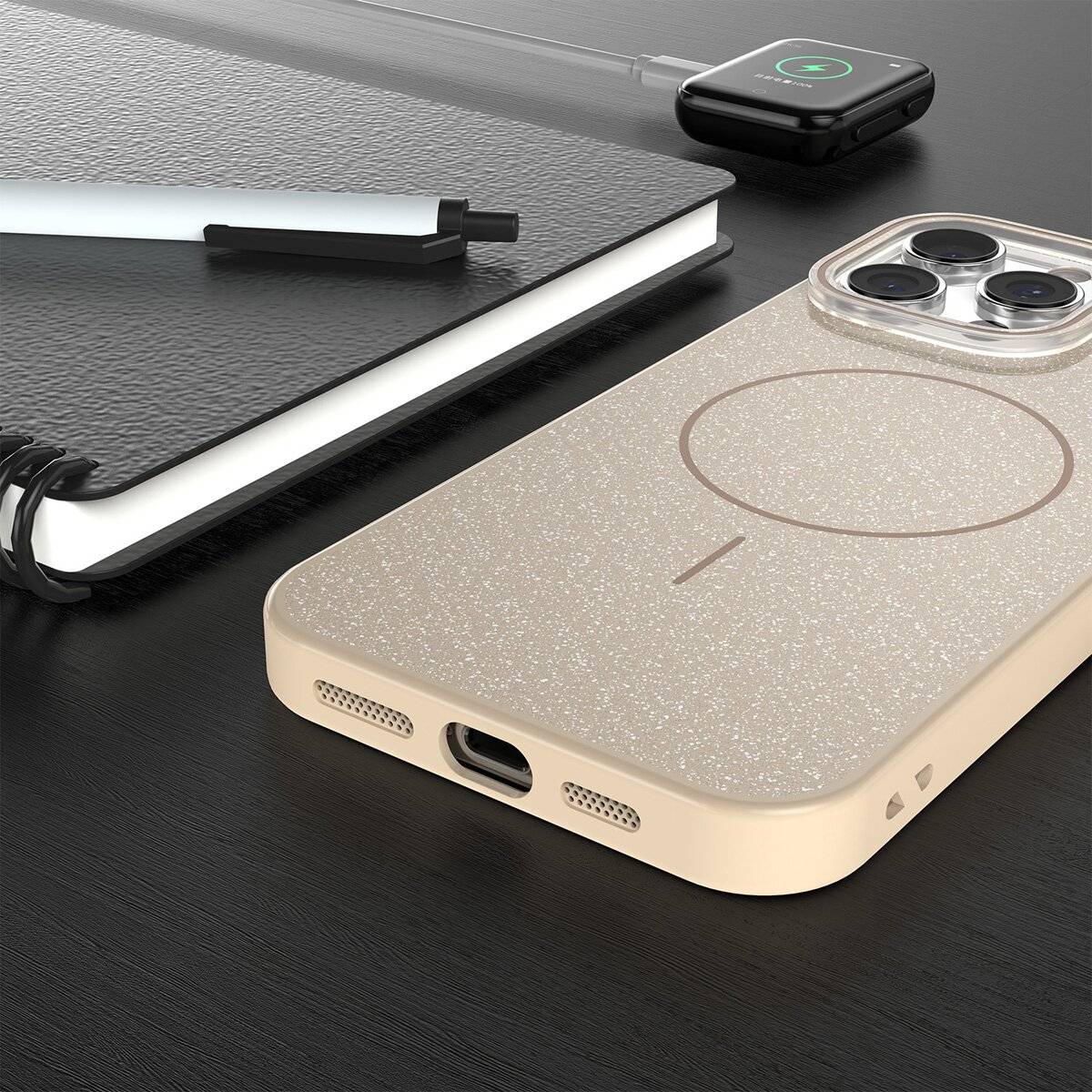 Glitter Dünne Handyhülle mit Magnetring für kabelloses Ladezubehör Bumper kompatibel mit iPhone 17 Pro Max Braun