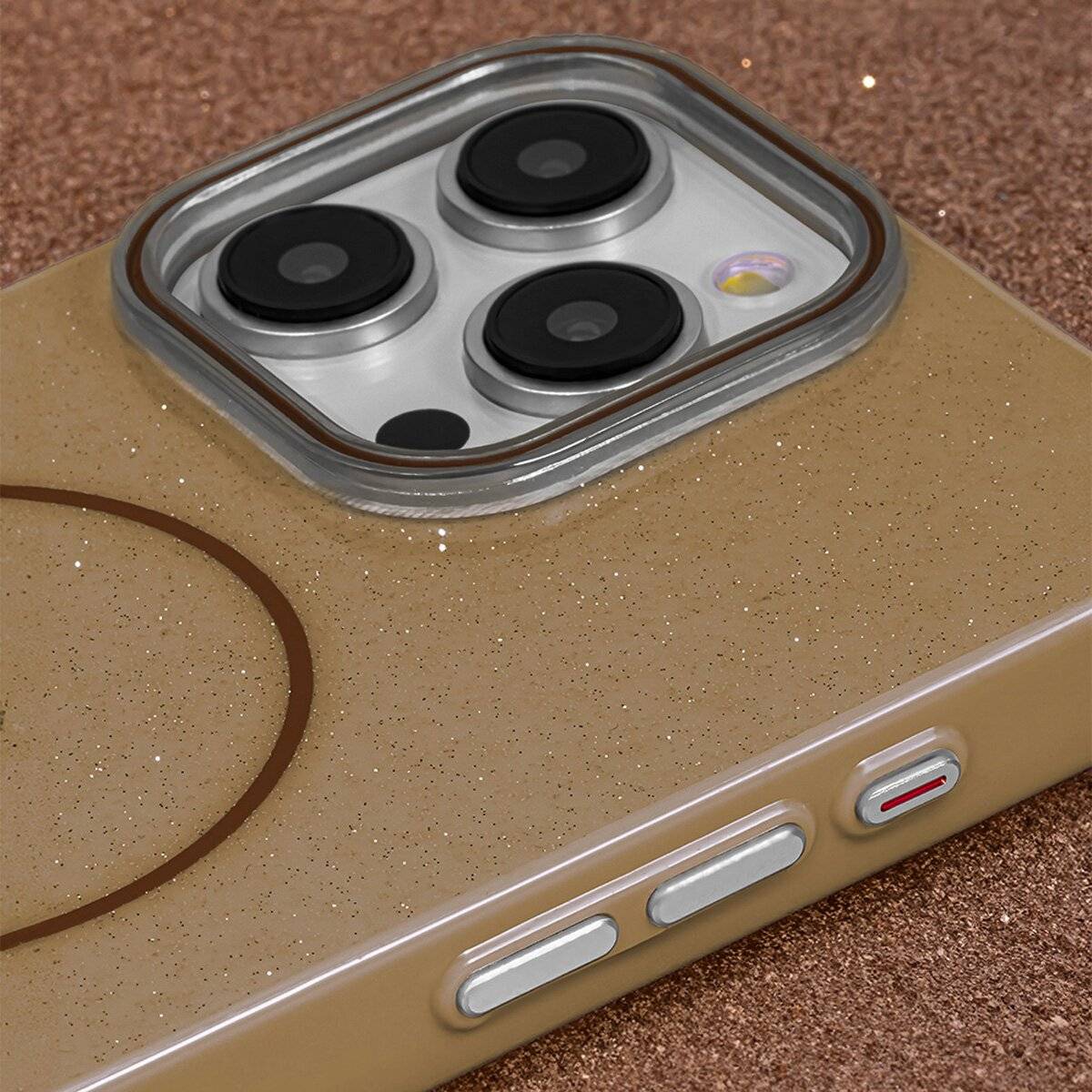 Glitter Dünne Handyhülle mit Magnetring für kabelloses Ladezubehör Bumper kompatibel mit iPhone 17 Pro Braun