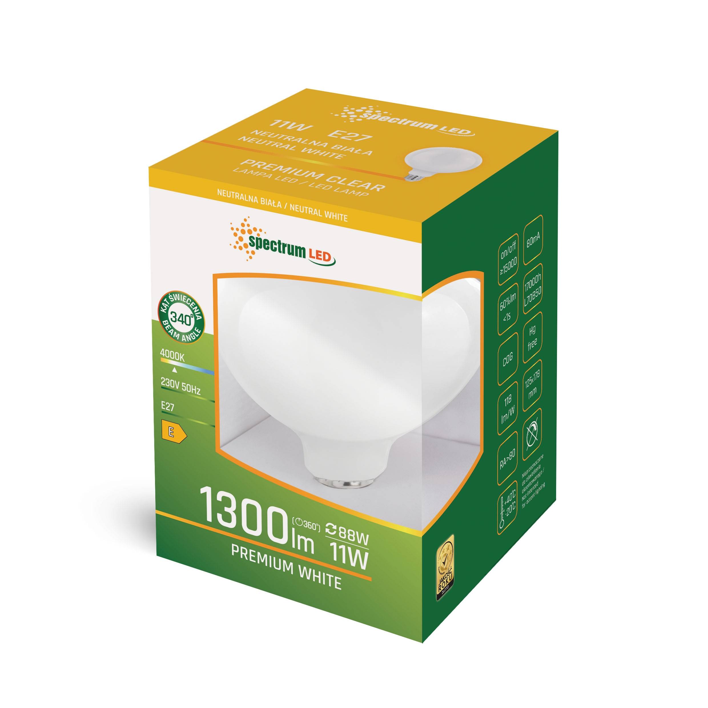 Spectrum LED E27 G125 Globe Filament matt 11W = 88W 230V 1300lm 340° Neutralweiß 4000K