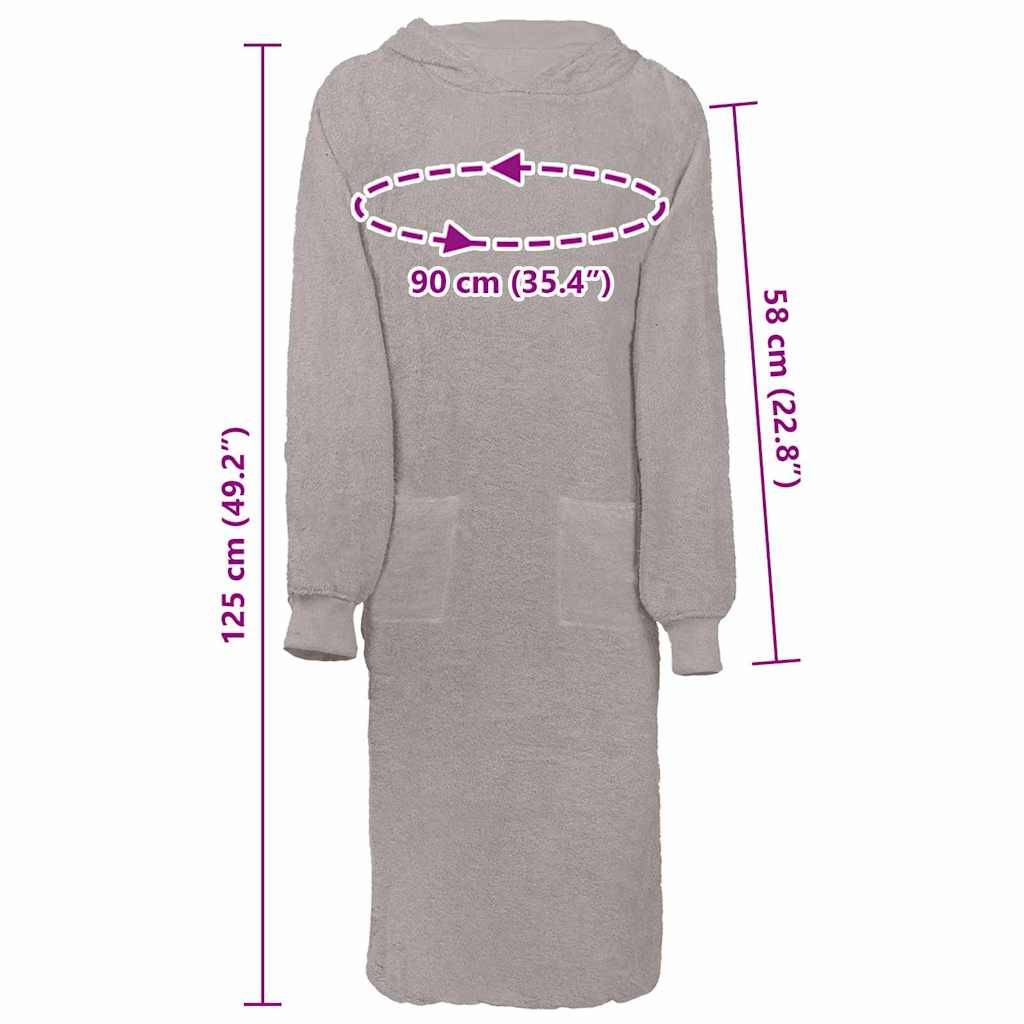 Ein langer, grauer Bademantel mit Etikett-Maßangaben: 125 cm (49,2