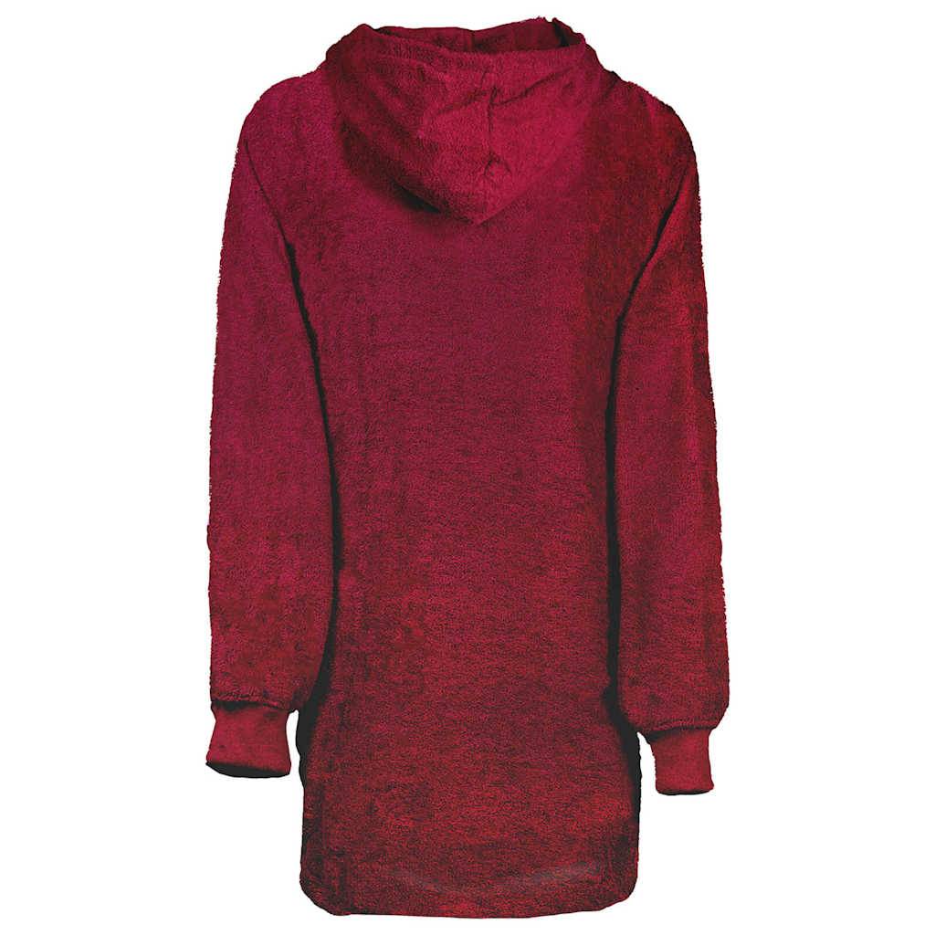 Ein langärmliger, übergroßer roter Hoodie mit weicher Fleece-Textur und Kapuze, von hinten gezeigt.