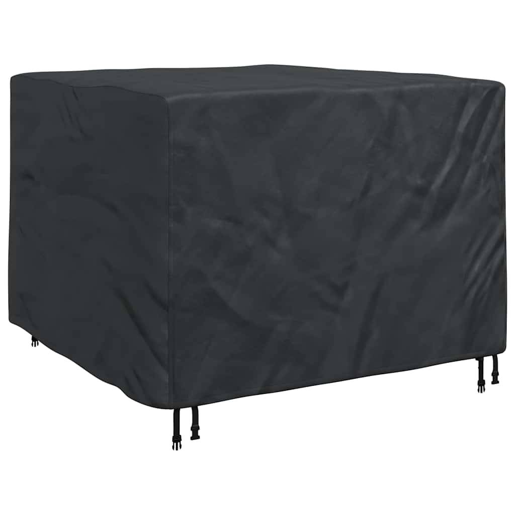 Eine schwarze, wetterfeste Abdeckung, die über Außenmöbel gezogen ist und robustes Material sowie verstellbare Bindungen für einen eng anliegenden Sitz zeigt.