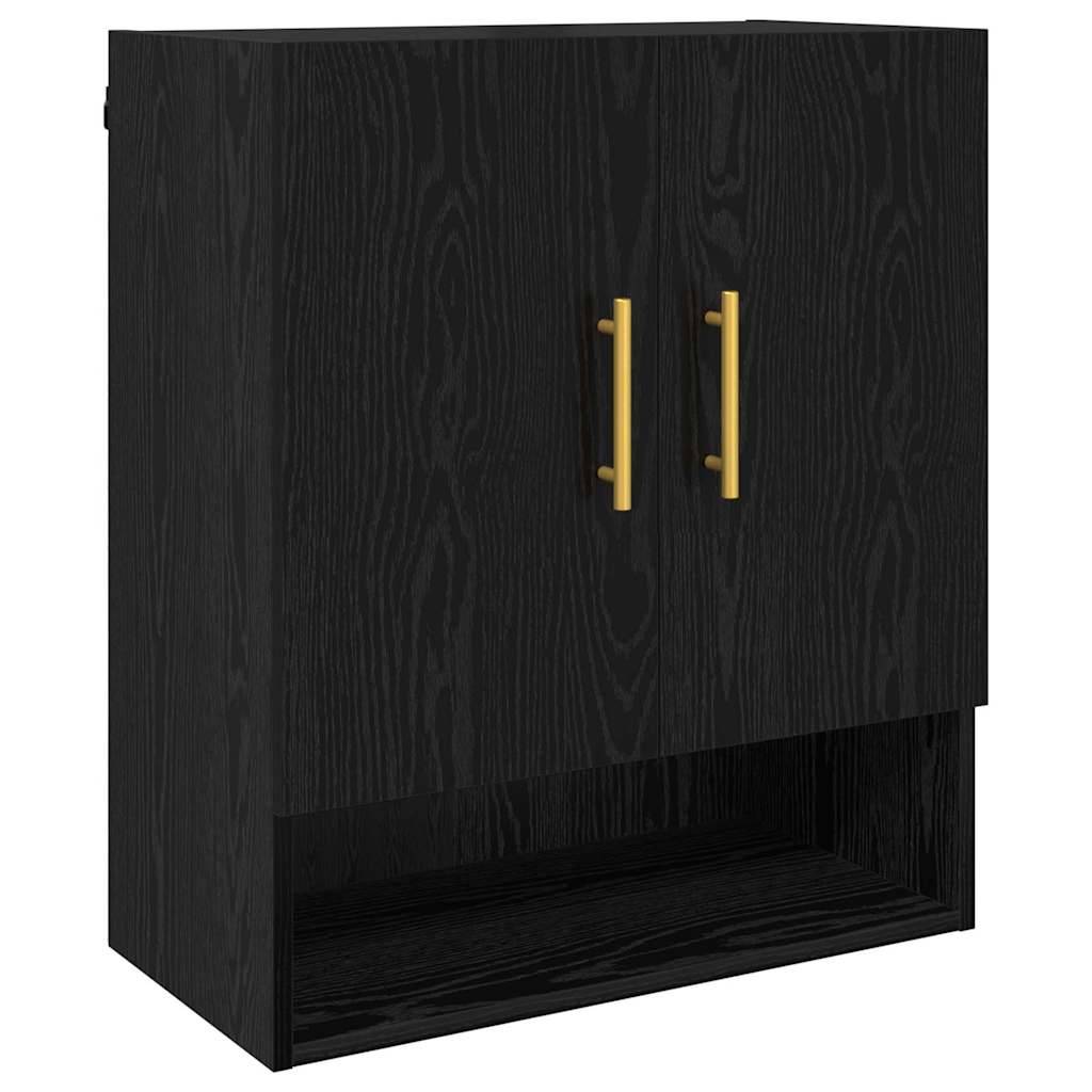 Ein schwarzer Holzschrank mit zwei goldenen Griffen und einem offenen Regal am unteren Ende.