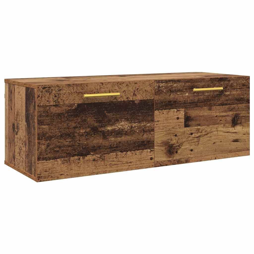 Rustikales Holz-Sideboard mit zwei Schubladen und zwei Türen, mit Messingbeschlägen und einer verwitterten dunkelbraun gefärbten Oberfläche.