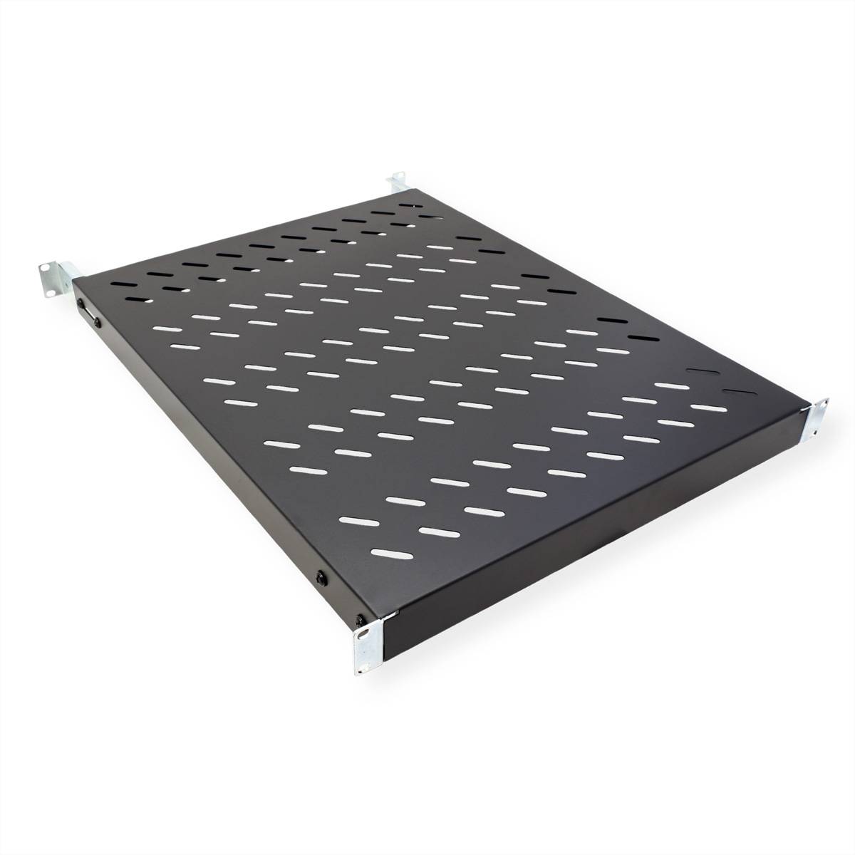 Ein schwarzes, metallisches belüftetes Server-Rack-Regal mit Schlitzlöchern für Luftstrom, konzipiert zum Montieren und gestützt durch silberne Halterungen.