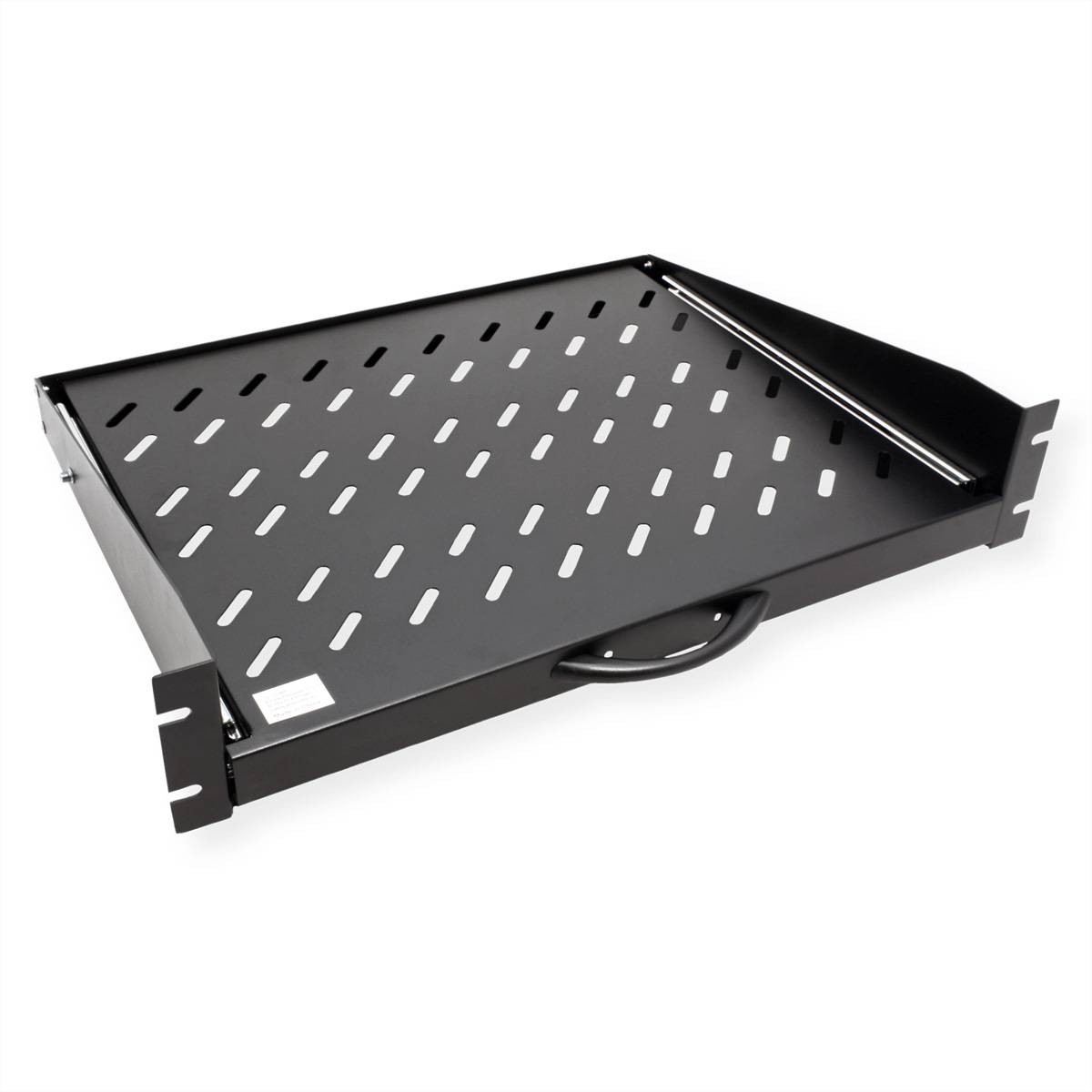 Ein schwarzes belüftetes Serverschrank-Regalfach mit Seitenbefestigungen und Griff, entwickelt zur Verwendung in Serverschränken für die Lagerung und Organisation von Ausrüstungen.