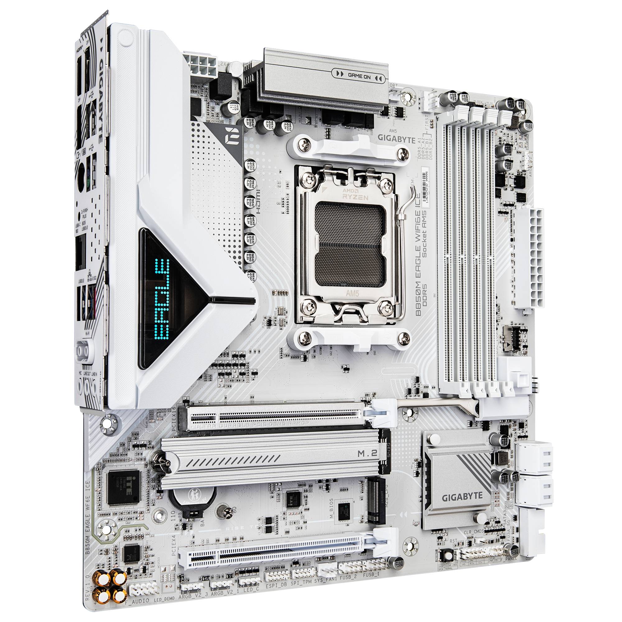 Weiße Gigabyte-Computer-Hauptplatine mit Intel-CPU-Sockel, RAM-Steckplätzen, M.2-Kühlkörpern und beleuchtetem „AORUS