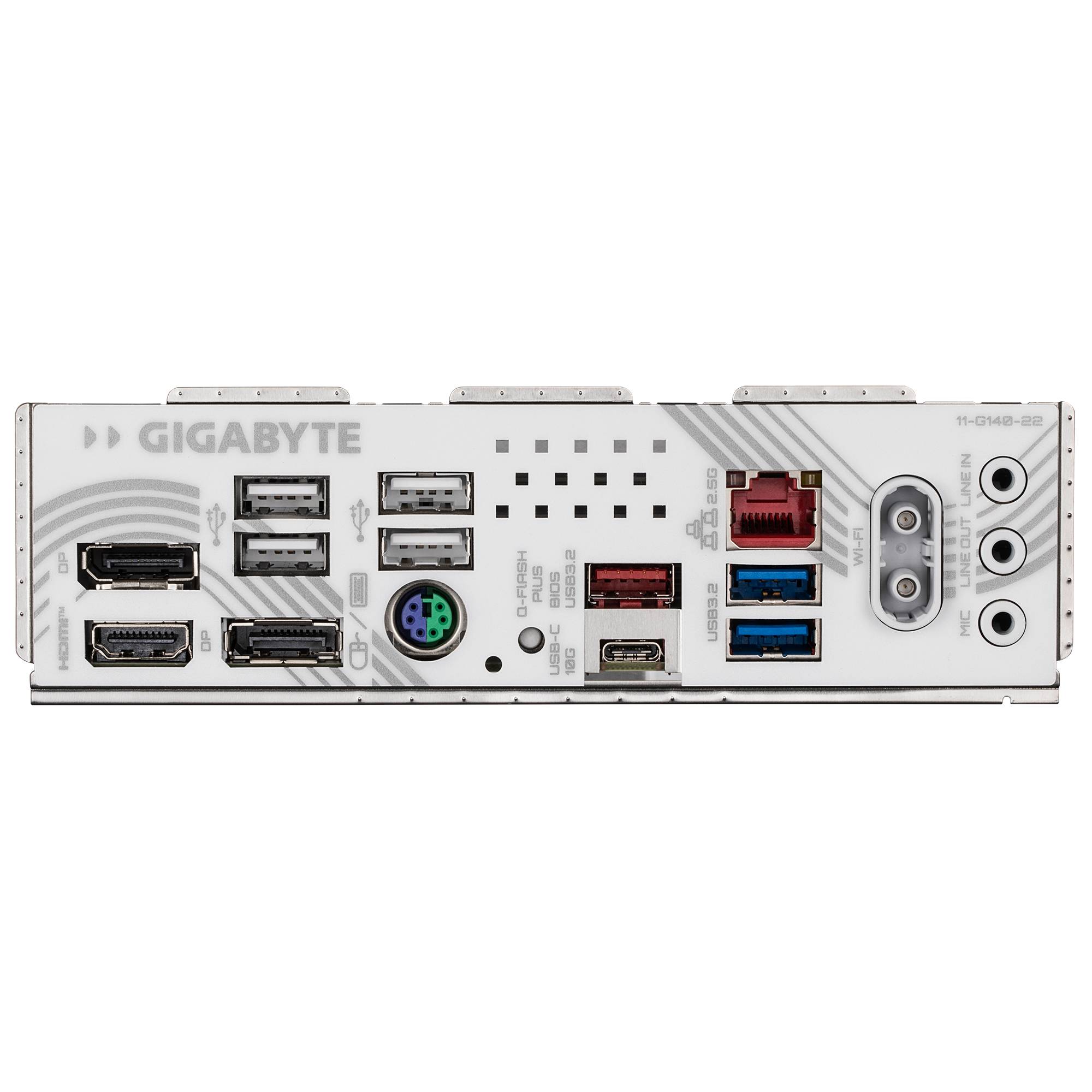 Rückseite eines Gigabyte-Mainboards mit Videoausgängen, USB-Anschlüssen, Ethernet, PS/2, Audiobuchsen und anderen Anschlüssen auf einer weißen Blende.
