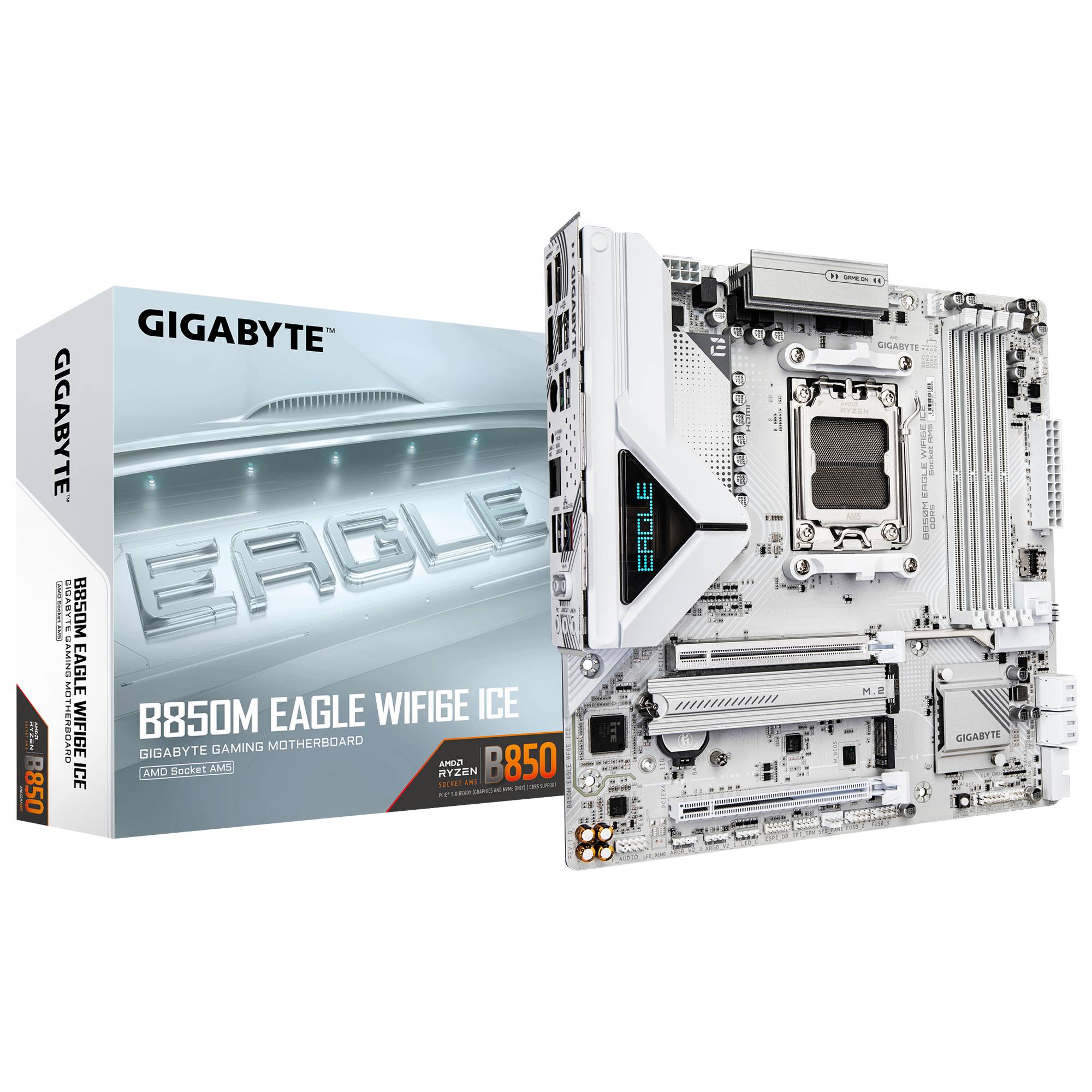 Gigabyte B850M EAGLE WIFI6E ICE weiß AMD Ryzen Gaming-Motherboard mit seiner Einzelhandelsverpackung gezeigt.